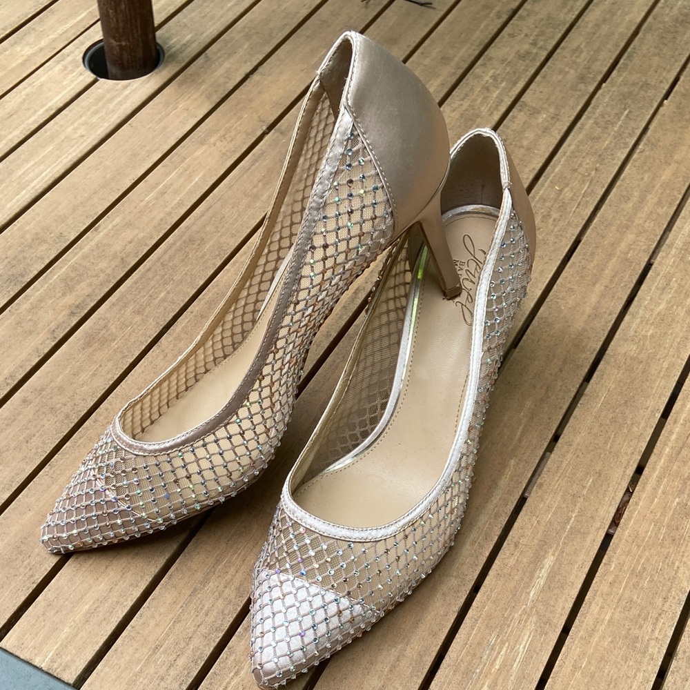 Jewel Badgley Mischka Nude Mesh Pointed-Toe Crystal Pumps